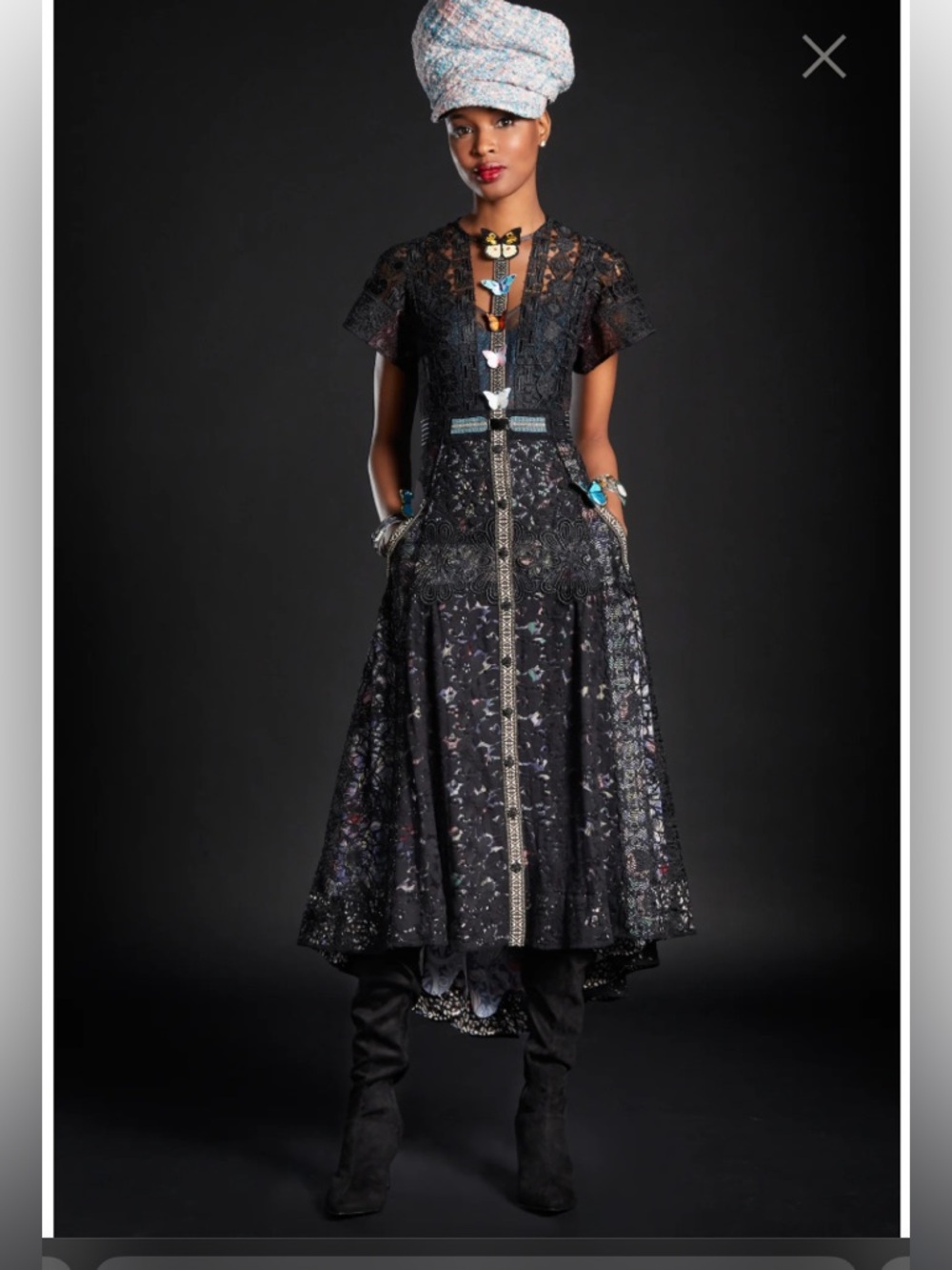 Byron Lars Black Lace & Embroidered Midi Dress
